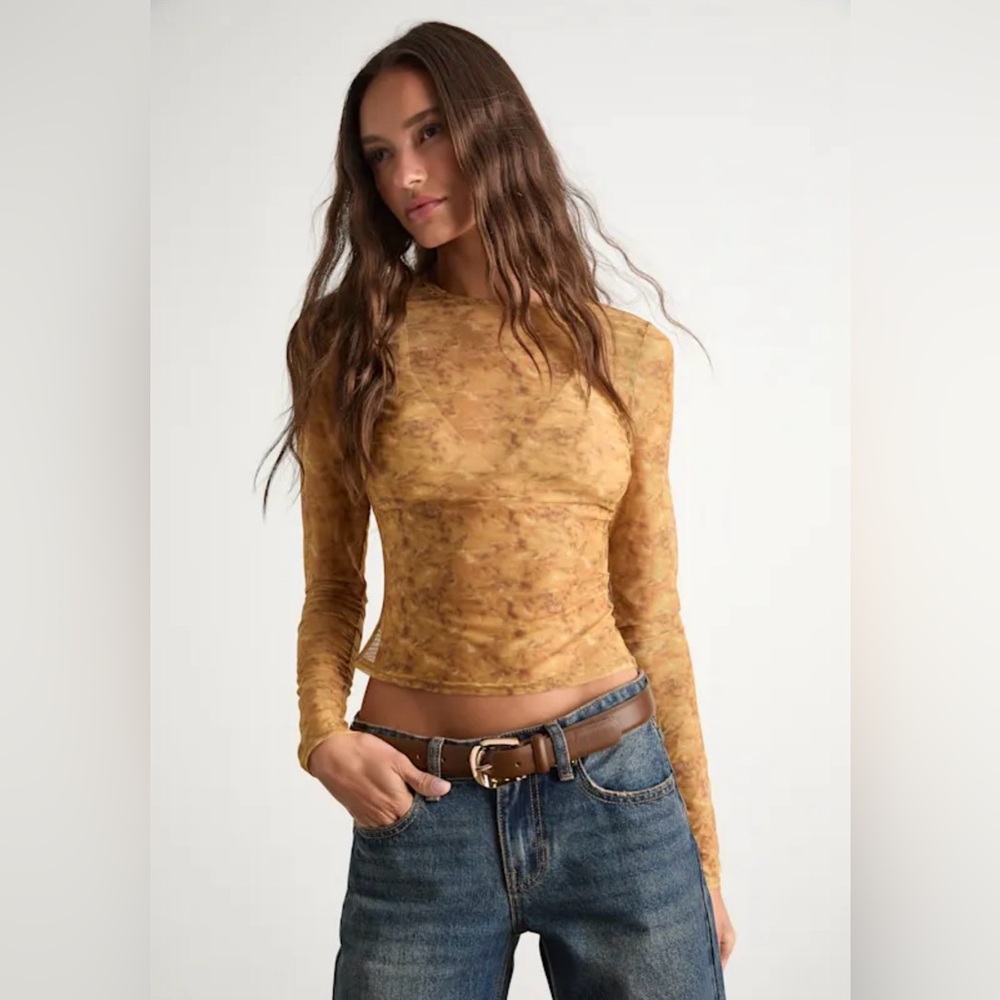 Lulus Sheer Mesh Long Sleeve Top Burnt Yellow Abstract Design Yumi - NWT